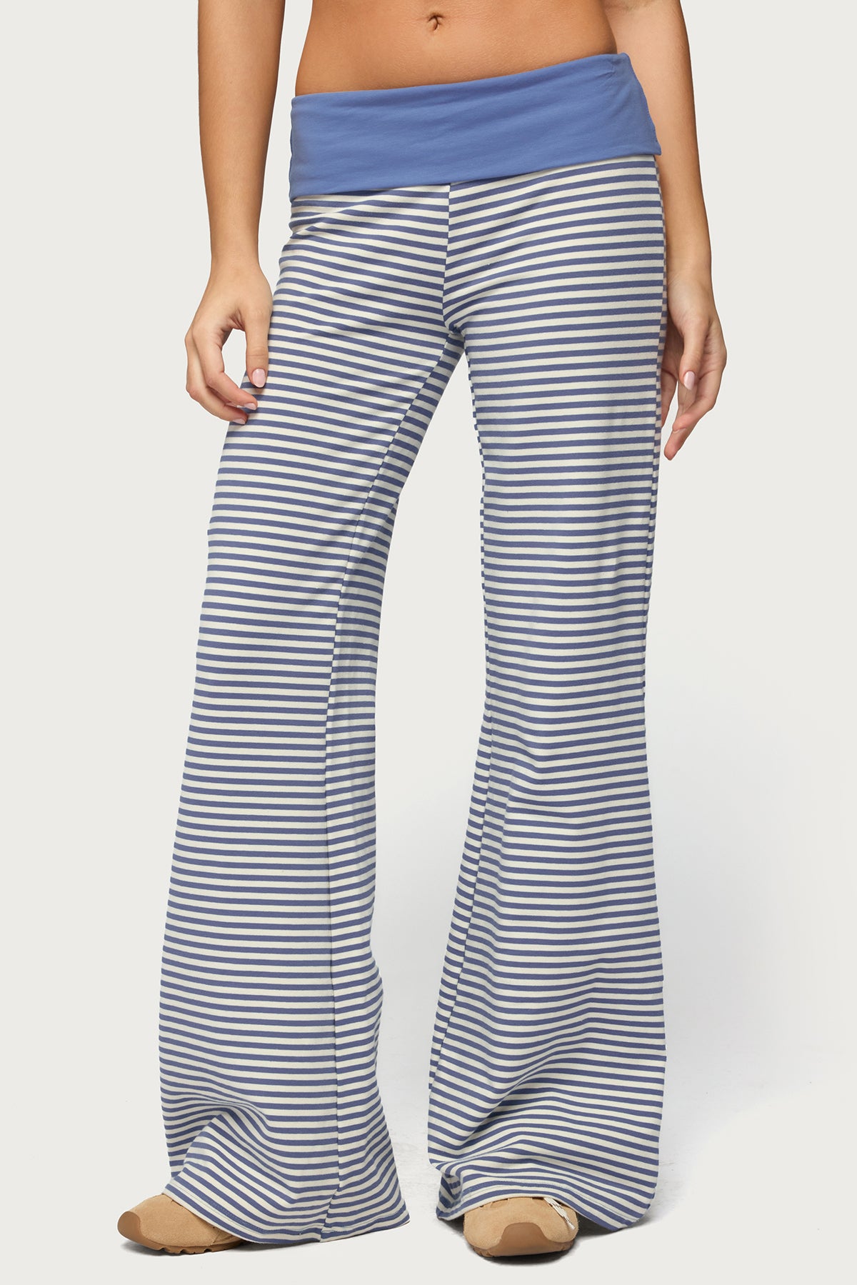 Meggy Striped Foldover Pants - LIGHT-BLUE-AND-WHITE