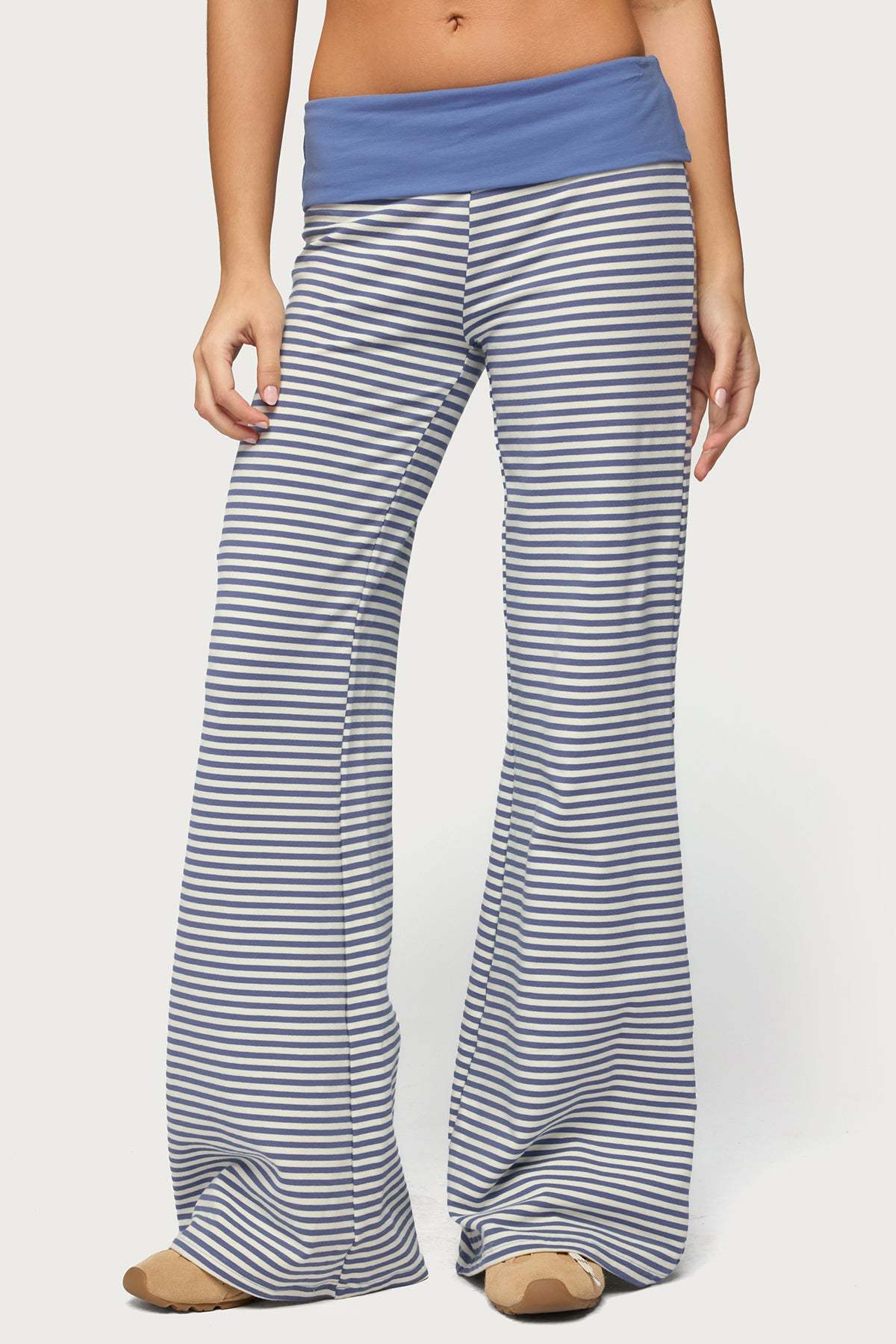 Meggy Striped Foldover Pants - LIGHT-BLUE-AND-WHITE