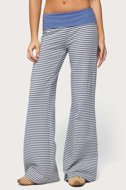 Meggy Striped Foldover Pants - LIGHT-BLUE-AND-WHITE