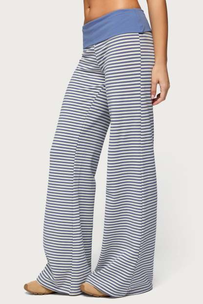 Meggy Striped Foldover Pants - LIGHT-BLUE-AND-WHITE