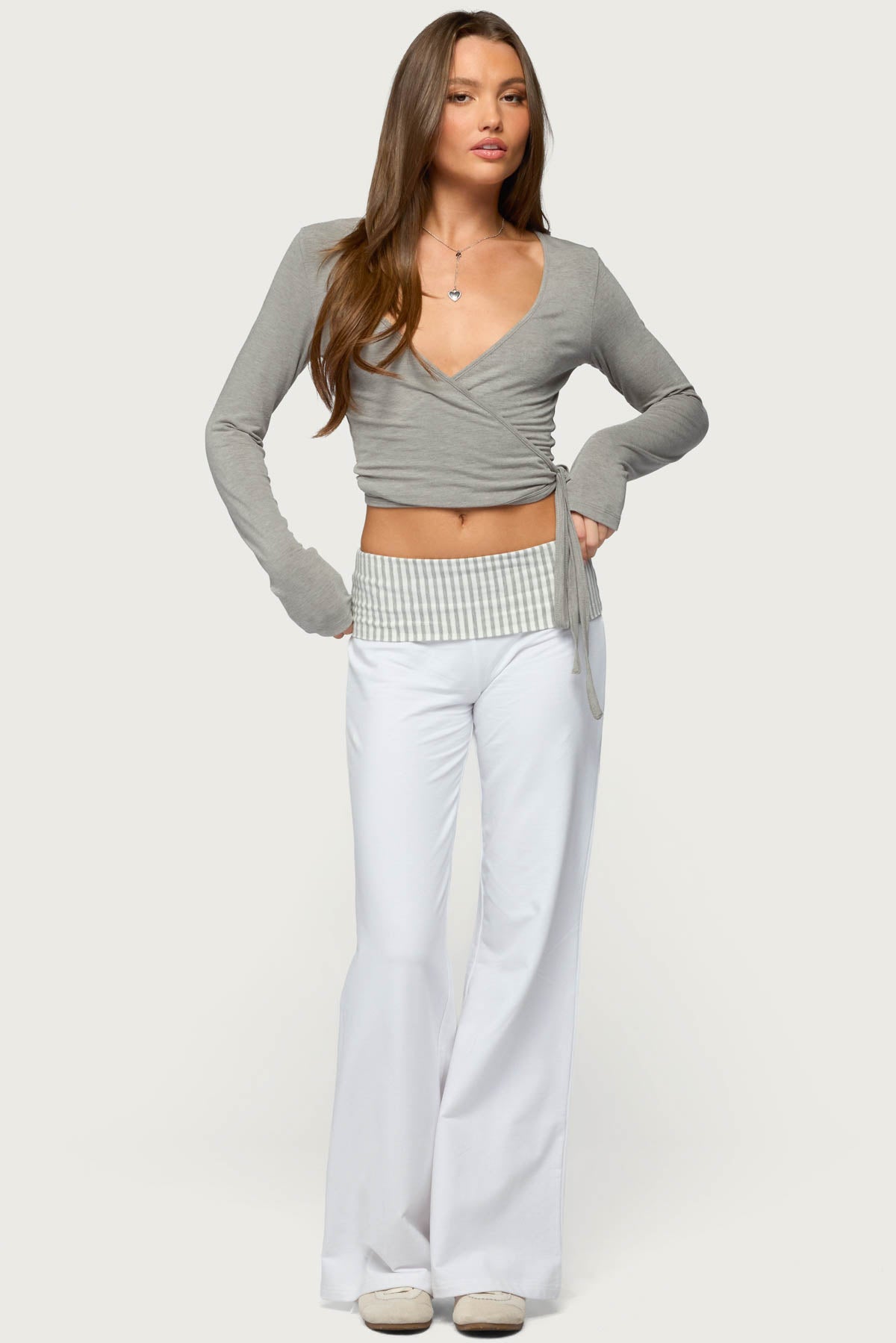 Meshey Striped Foldover Pants - WHITE