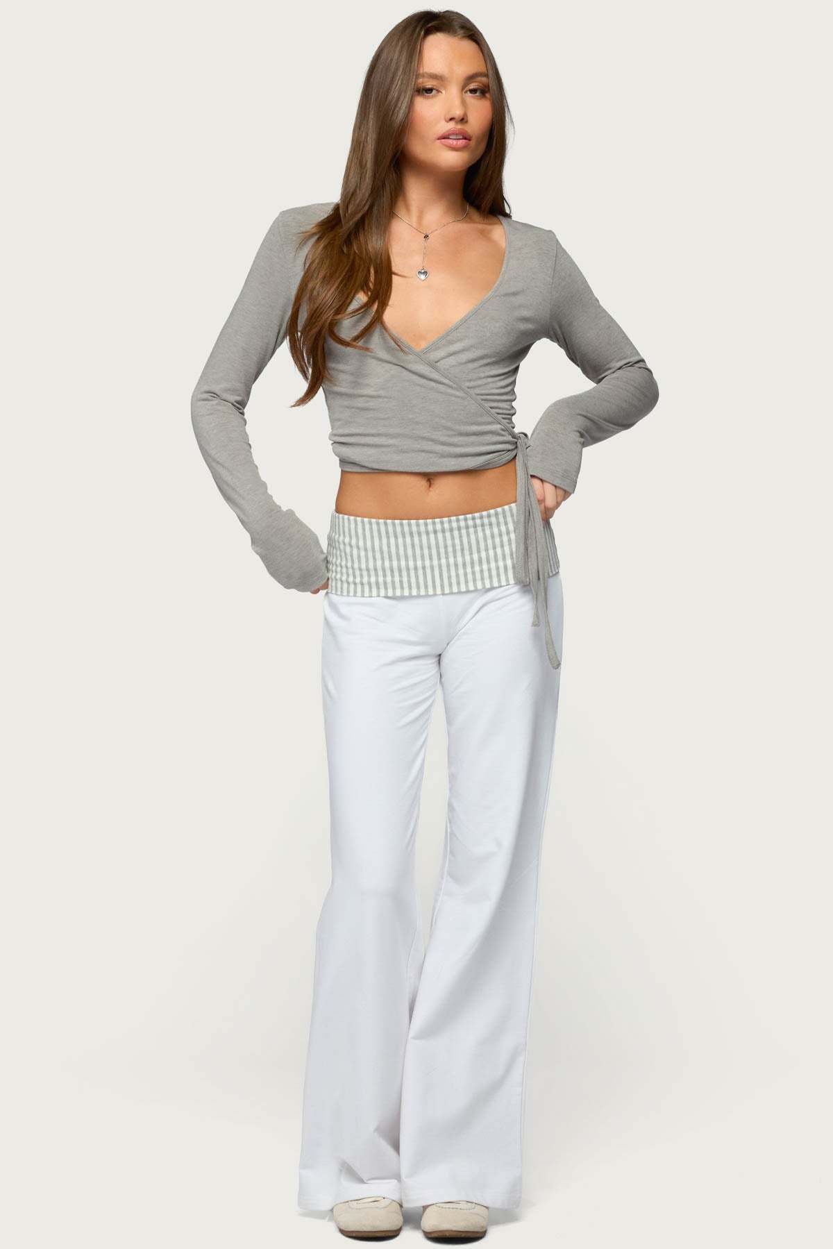 Meshey Striped Foldover Pants - WHITE