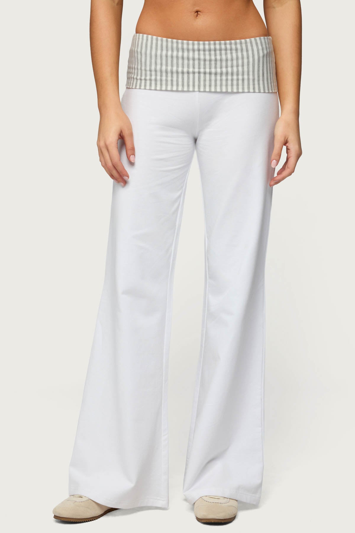 Meshey Striped Foldover Pants - WHITE