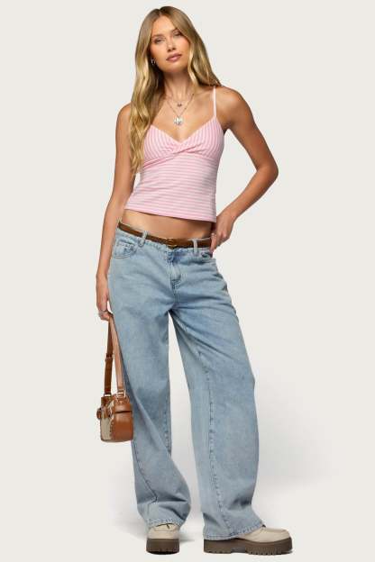 Emilea  V Neck Striped Tank Top - PINK-AND-WHITE