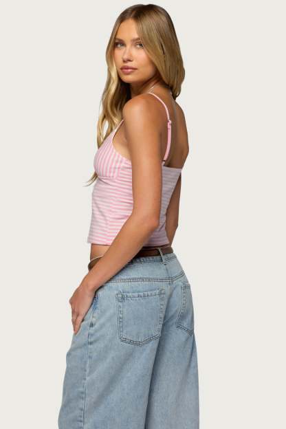 Emilea  V Neck Striped Tank Top - PINK-AND-WHITE