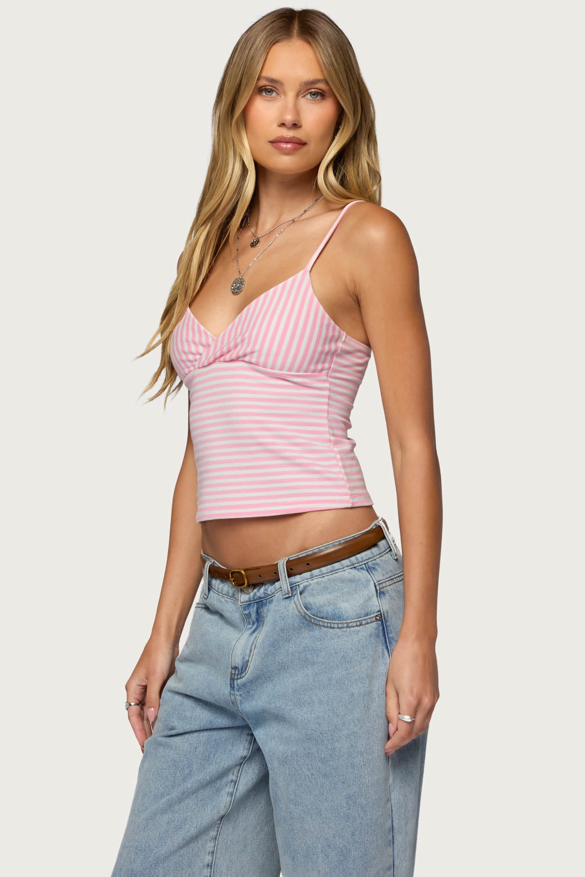 Emilea  V Neck Striped Tank Top - PINK-AND-WHITE