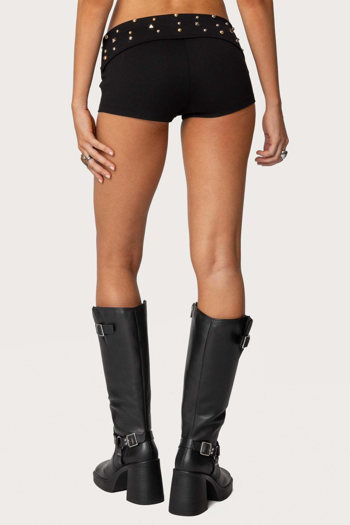 Studded Foldover Micro Shorts - BLACK