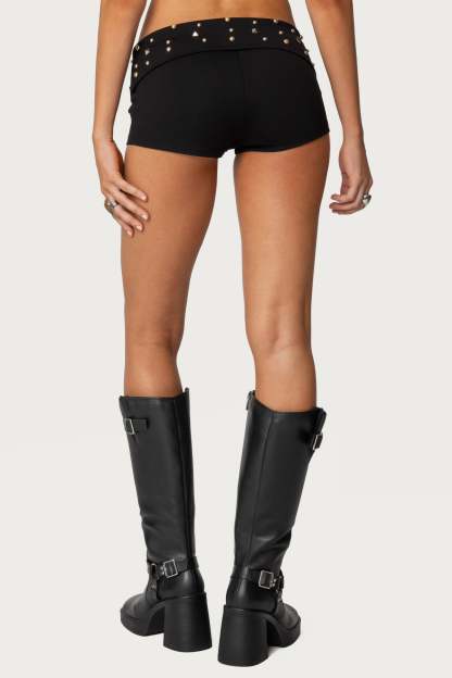Studded Foldover Micro Shorts - BLACK
