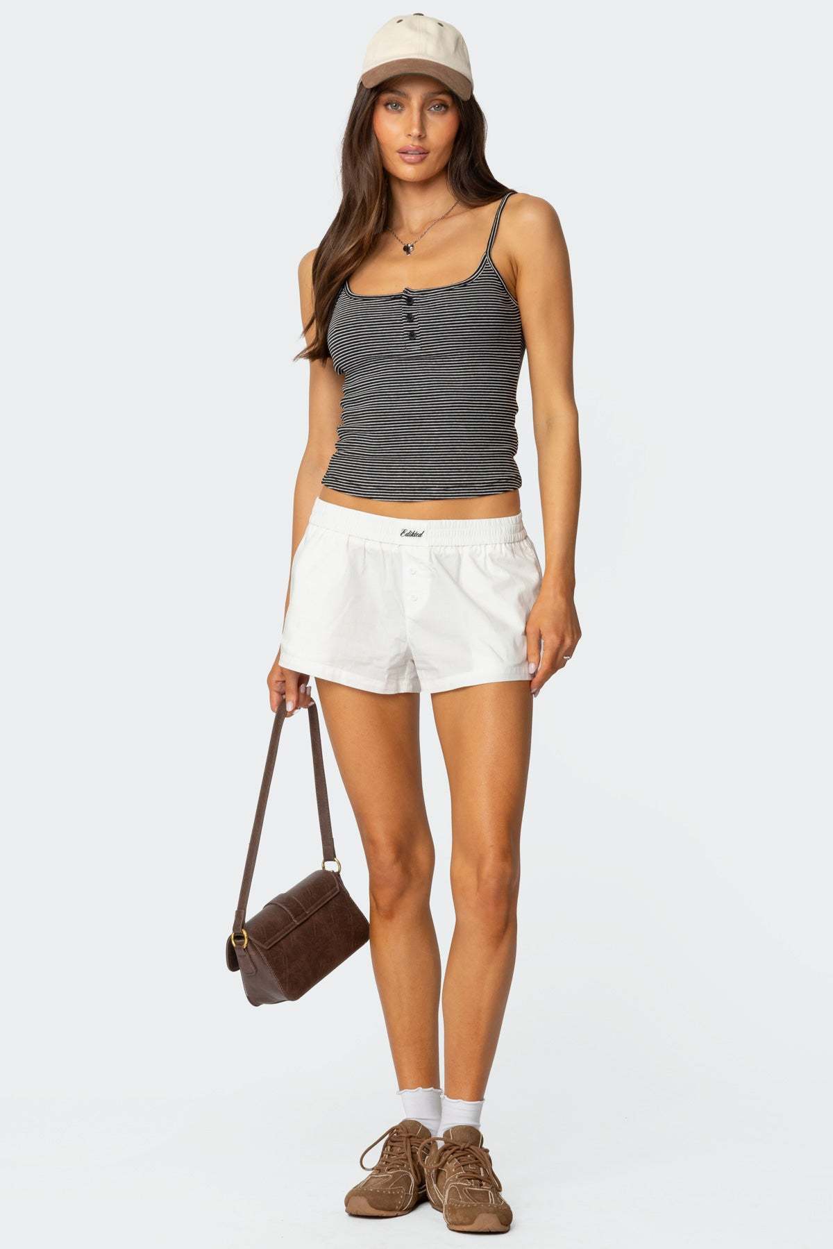 Striped Henley Tank Top - BLACK AND WHITE