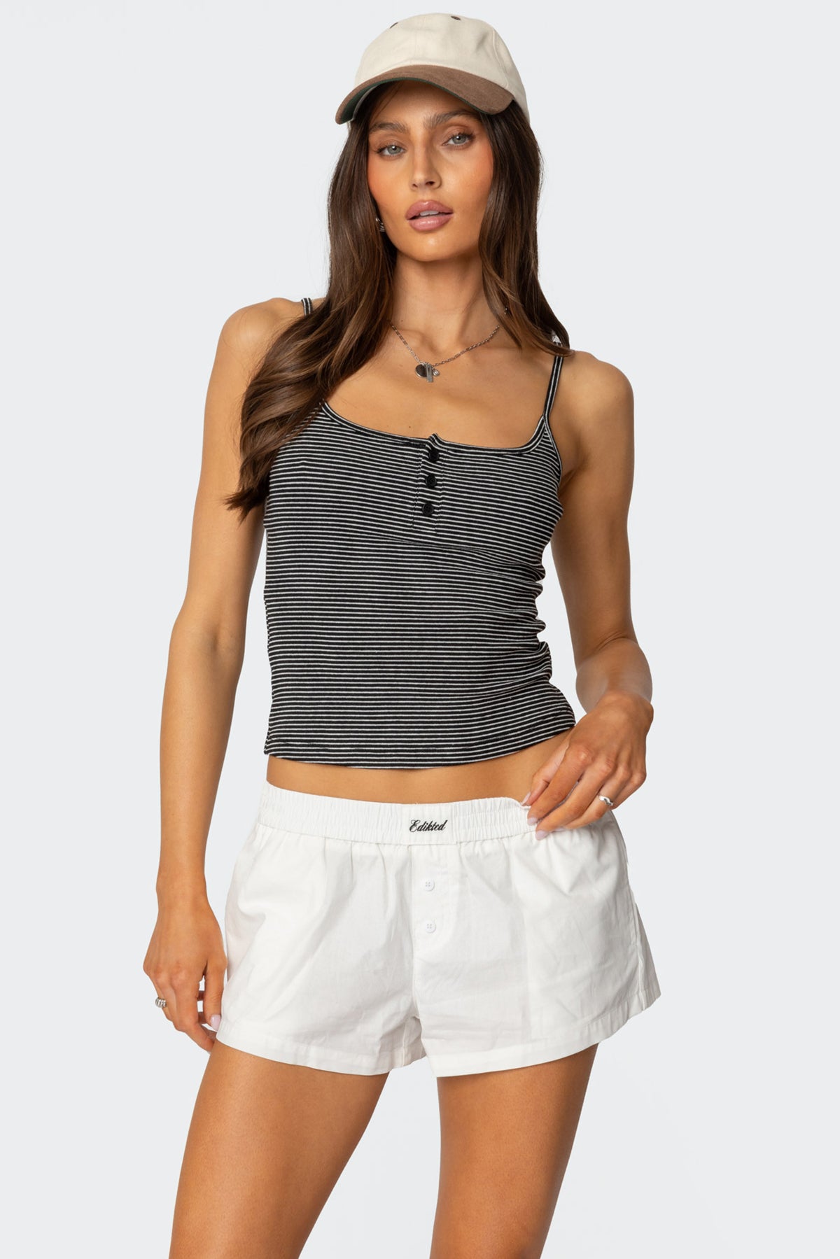 Striped Henley Tank Top - BLACK AND WHITE