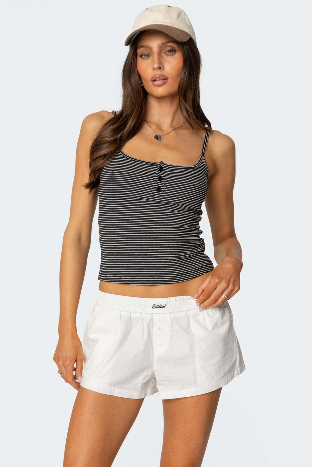 Striped Henley Tank Top - BLACK AND WHITE