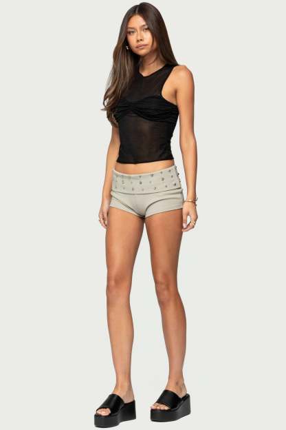 Studded Foldover Micro Shorts - BEIGE