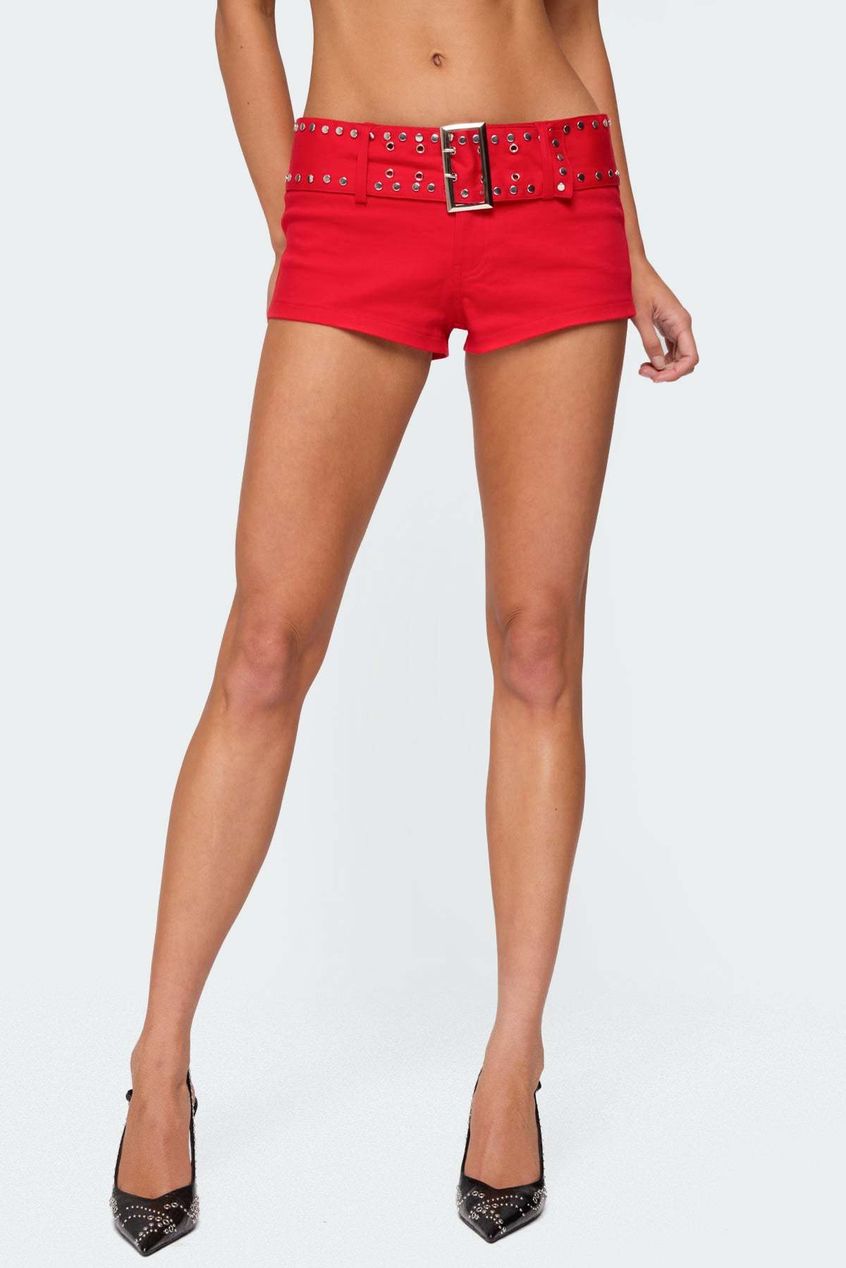 Studded Belt Denim Micro Shorts - RED
