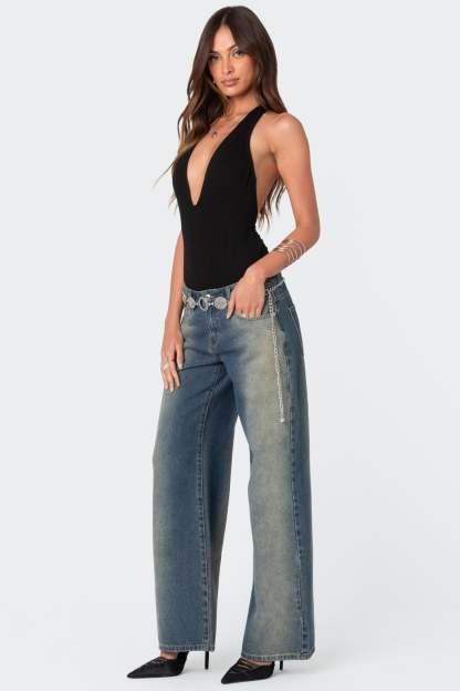 Deep V Backless Bodysuit - BLACK