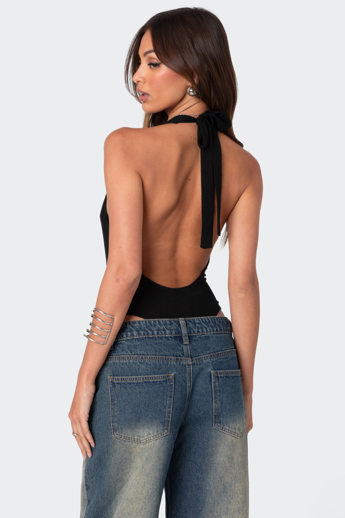 Deep V Backless Bodysuit - BLACK