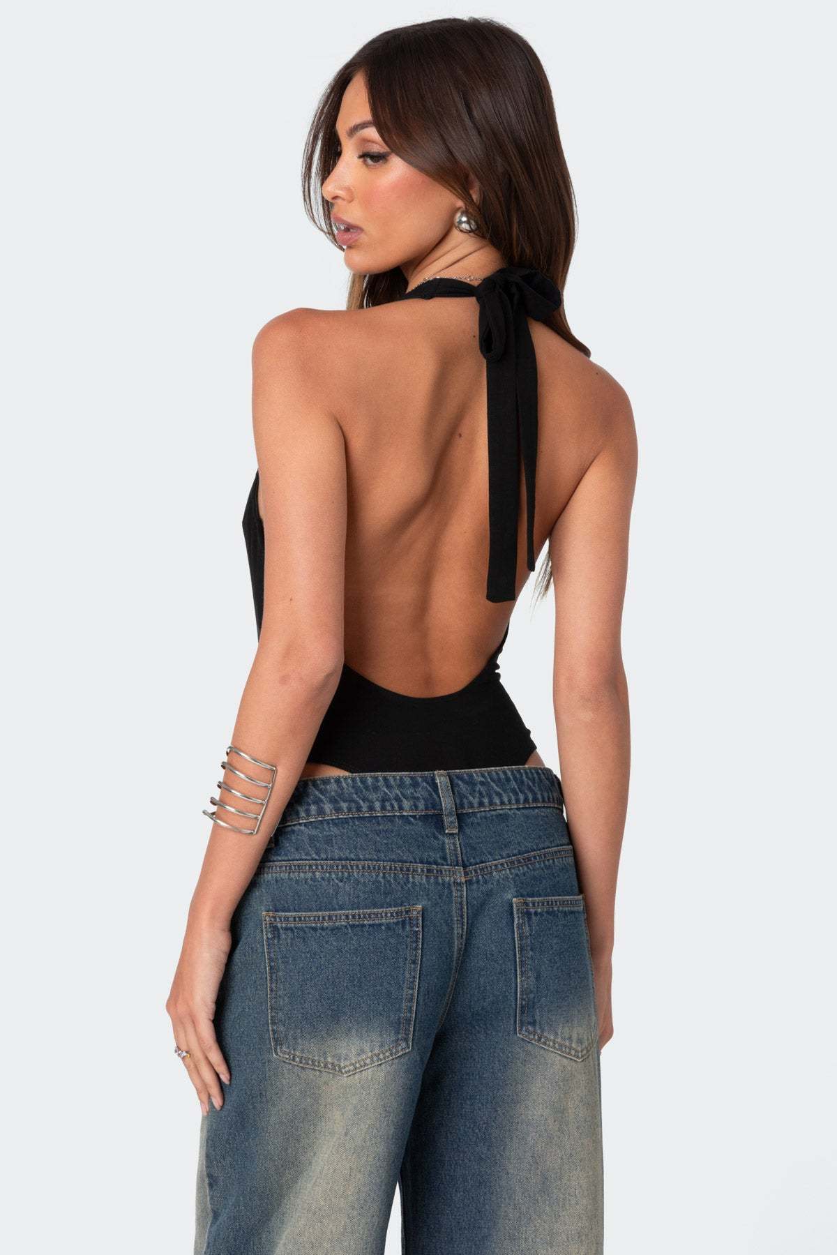 Deep V Backless Bodysuit - BLACK