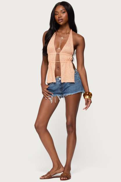 Frayed Vintage Washed Denim Shorts - BLUE