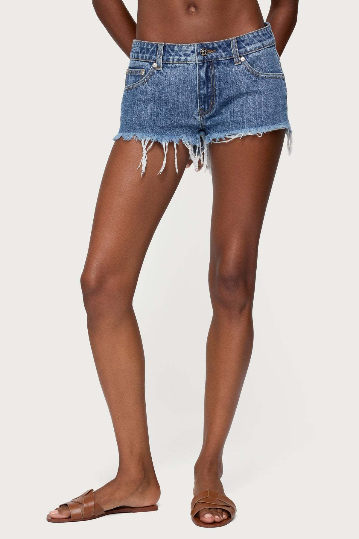 Frayed Vintage Washed Denim Shorts - BLUE