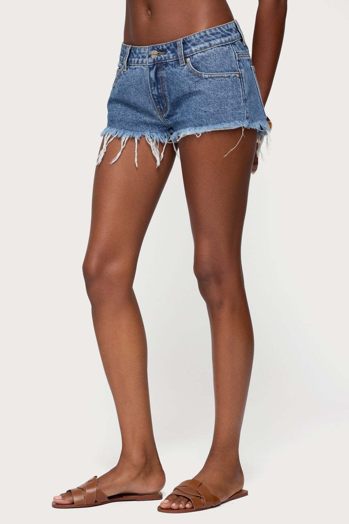 Frayed Vintage Washed Denim Shorts - BLUE