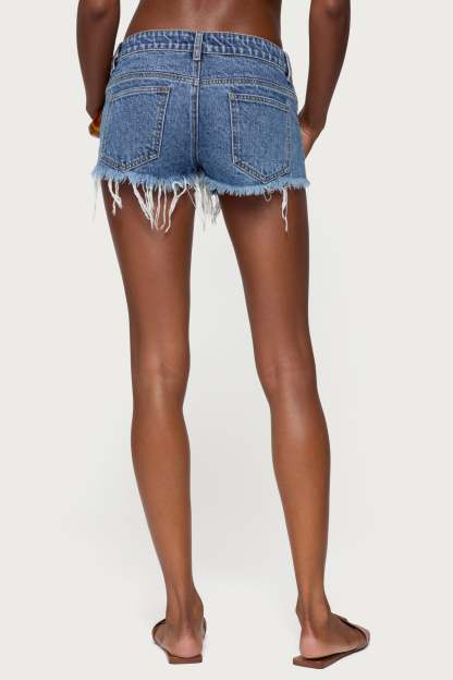 Frayed Vintage Washed Denim Shorts - BLUE
