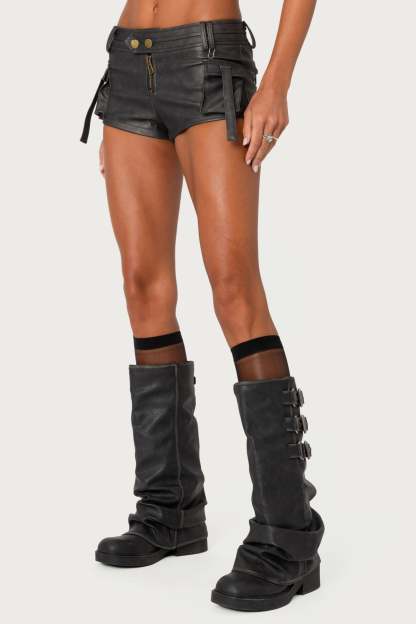 Washed Faux Leather Micro Cargo Shorts - BLACK WASHED