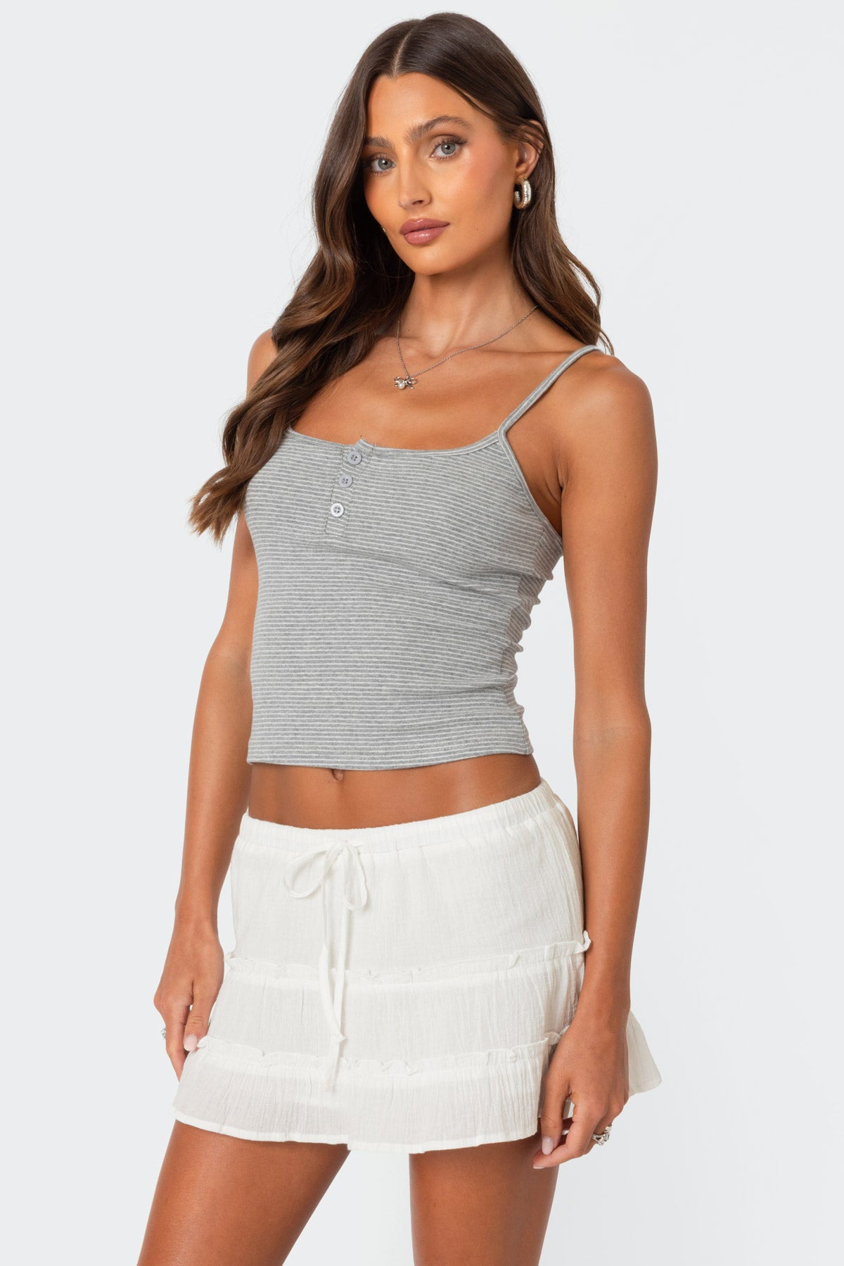 Striped Henley Tank Top - GRAY MELANGE