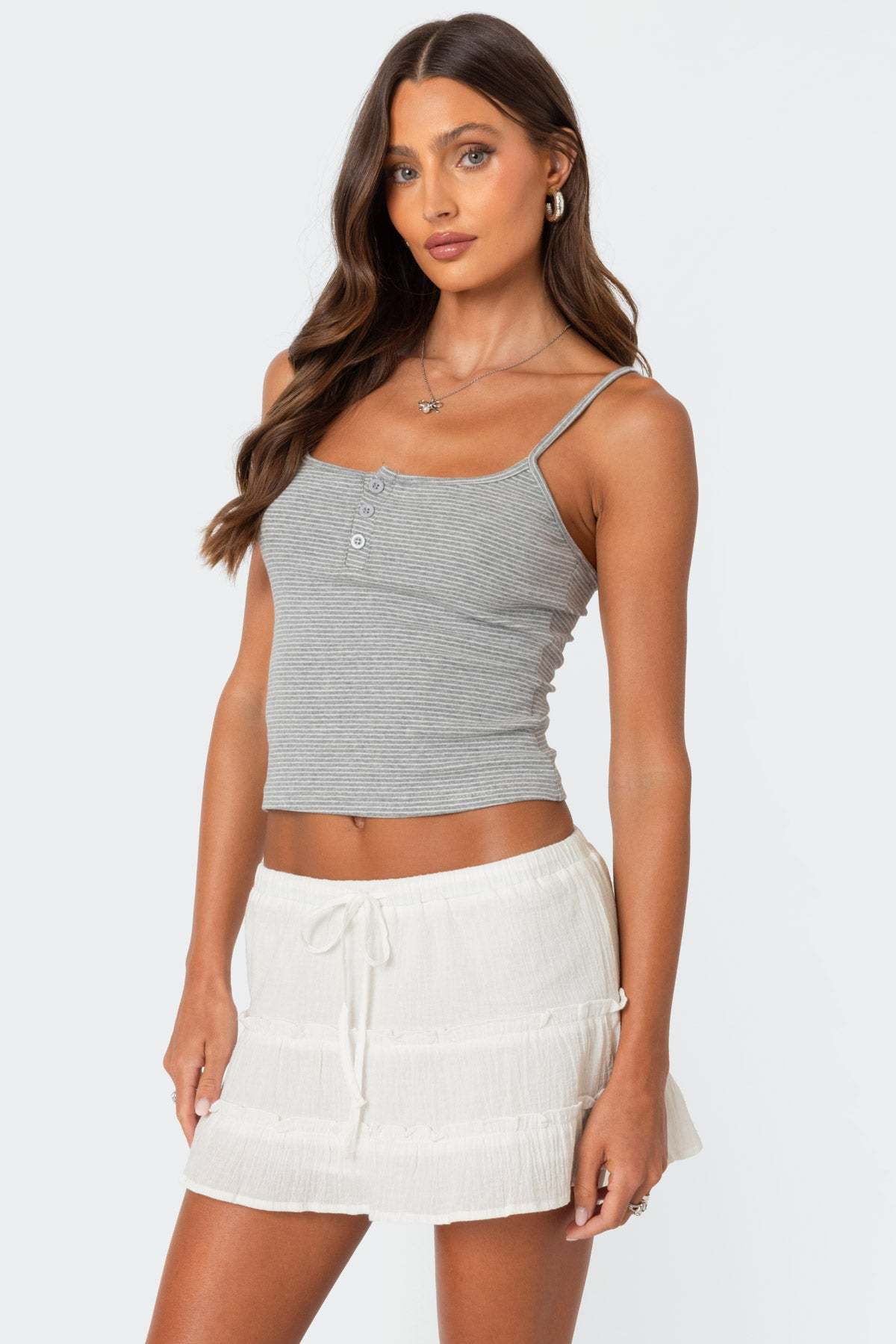 Striped Henley Tank Top - GRAY MELANGE