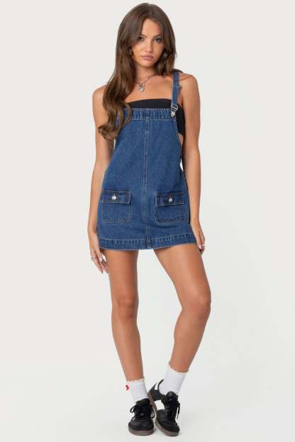 Overall Denim Mini Dress - BLUE WASHED