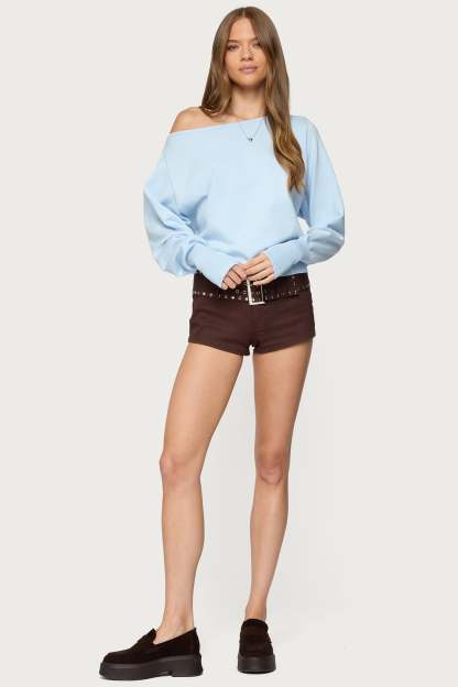 Studded Belt Denim Micro Shorts - DARK BROWN