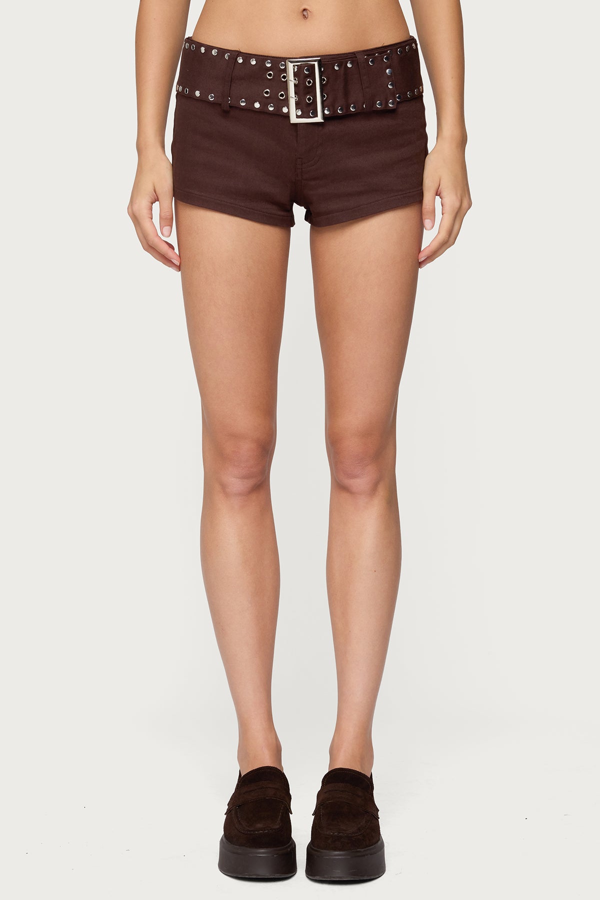 Studded Belt Denim Micro Shorts - DARK BROWN