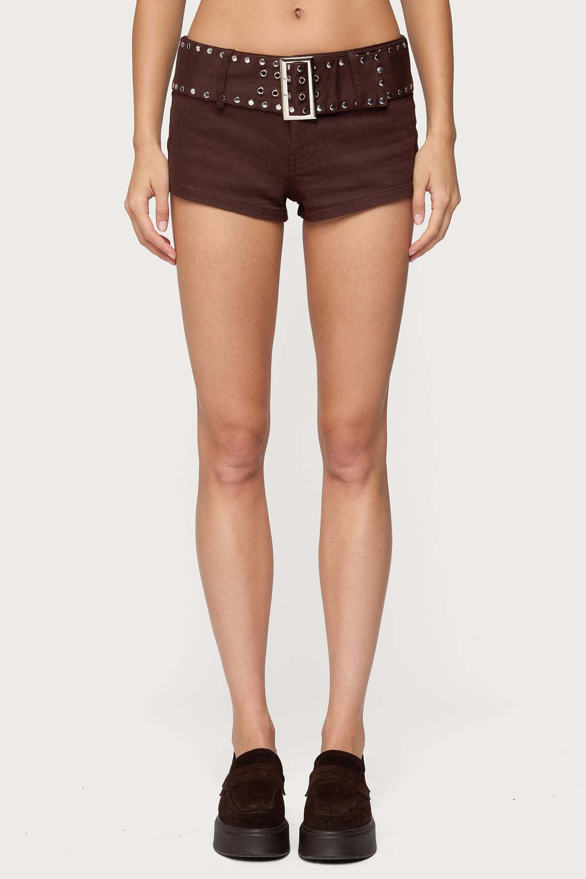 Studded Belt Denim Micro Shorts - DARK BROWN