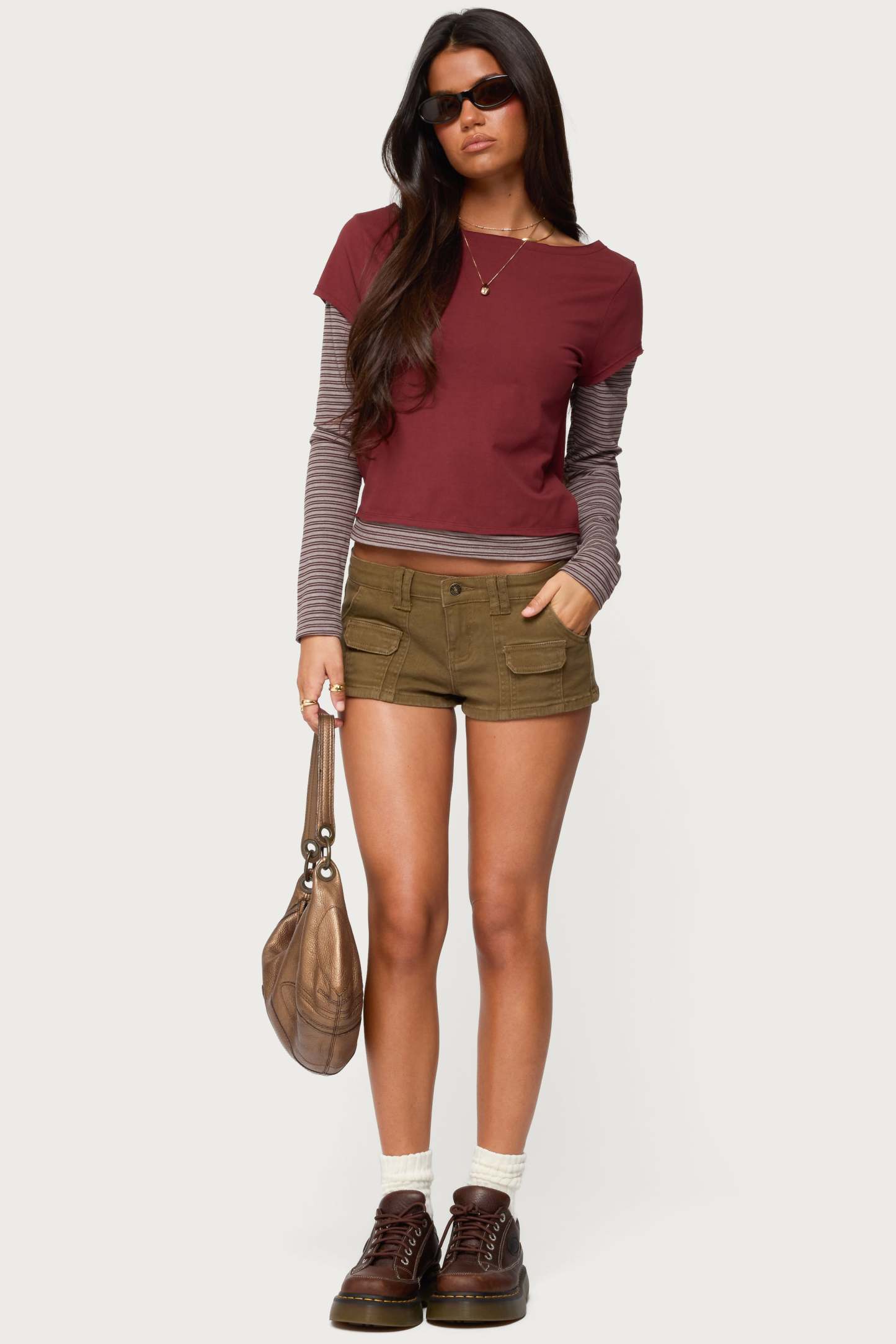 Layered Stripey Long Sleeve T Shirt - BURGUNDY