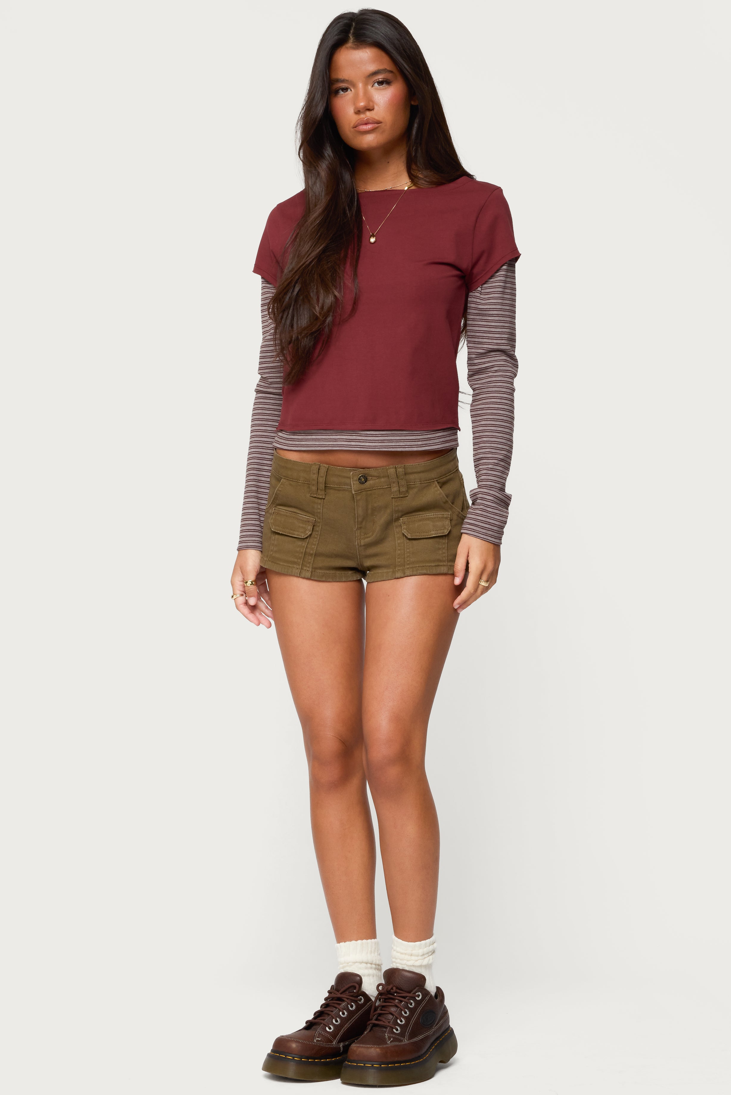 Layered Stripey Long Sleeve T Shirt - BURGUNDY