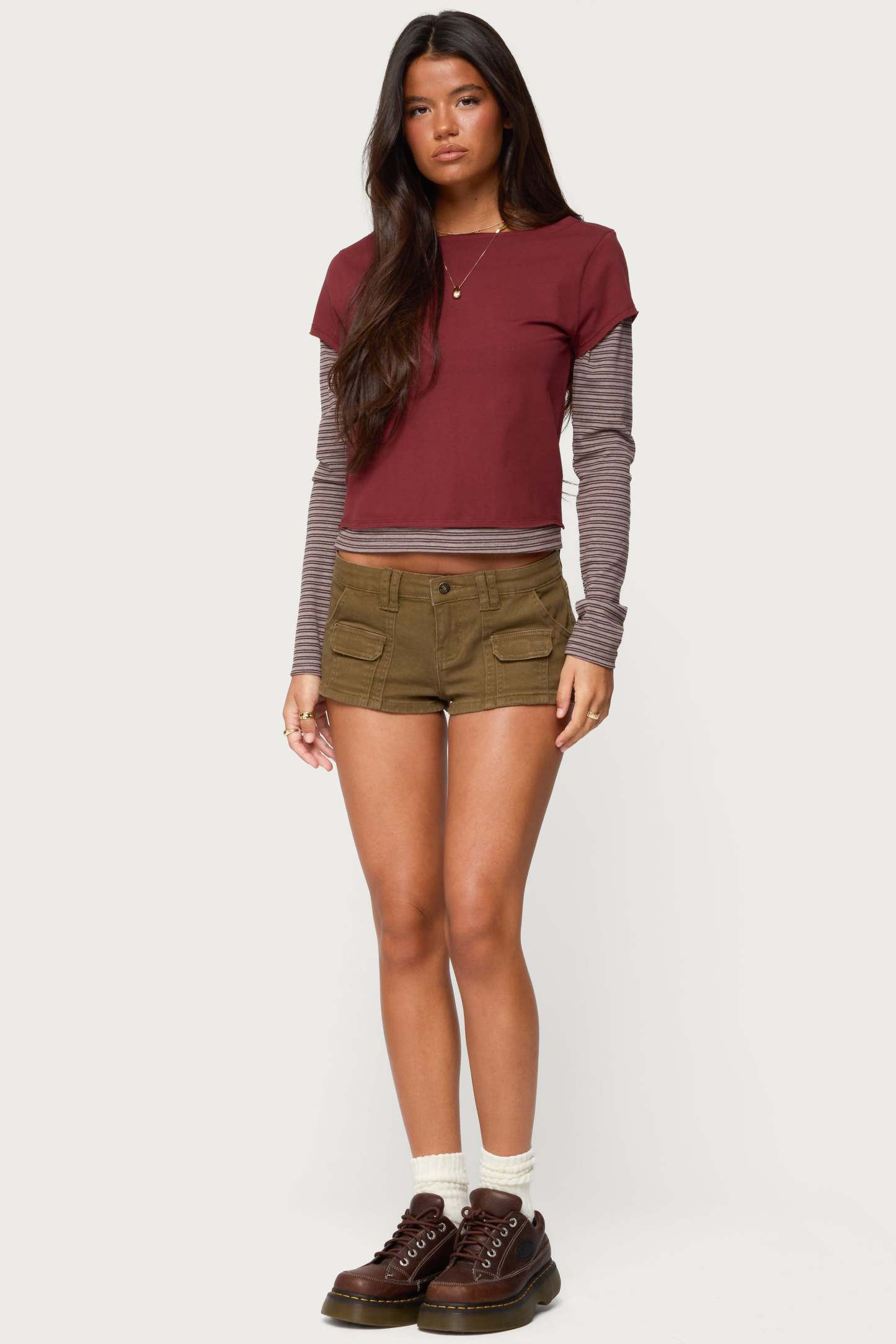 Layered Stripey Long Sleeve T Shirt - BURGUNDY