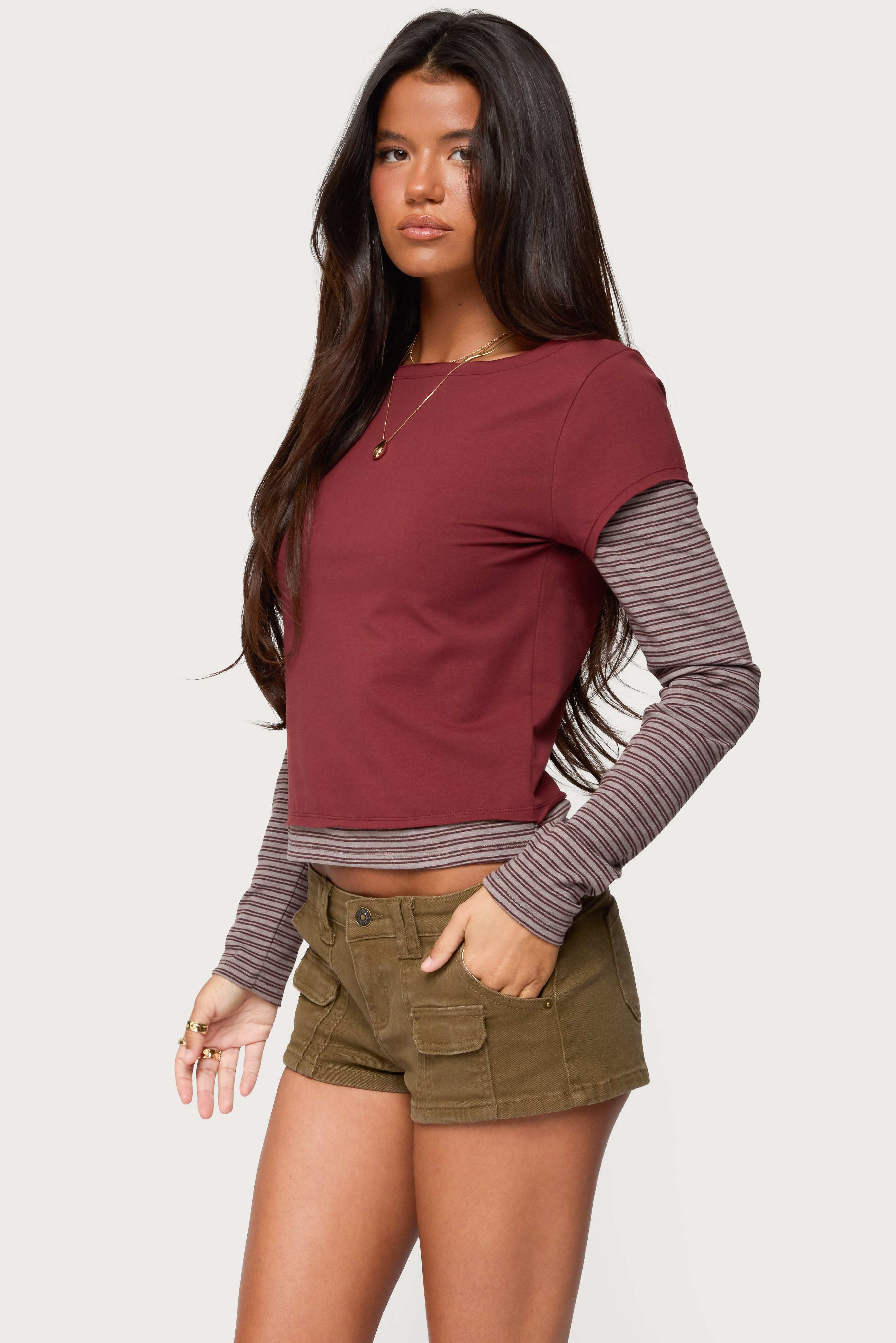 Layered Stripey Long Sleeve T Shirt - BURGUNDY