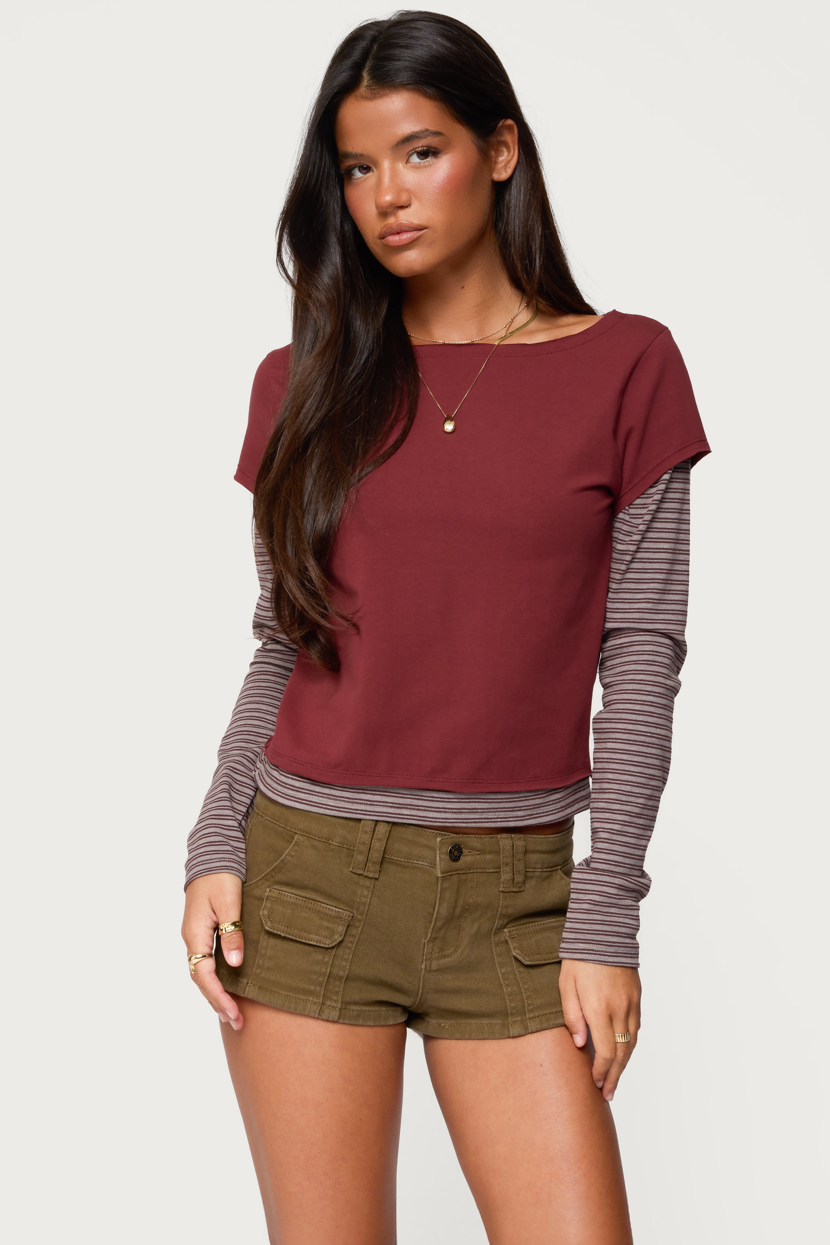 Layered Stripey Long Sleeve T Shirt - BURGUNDY