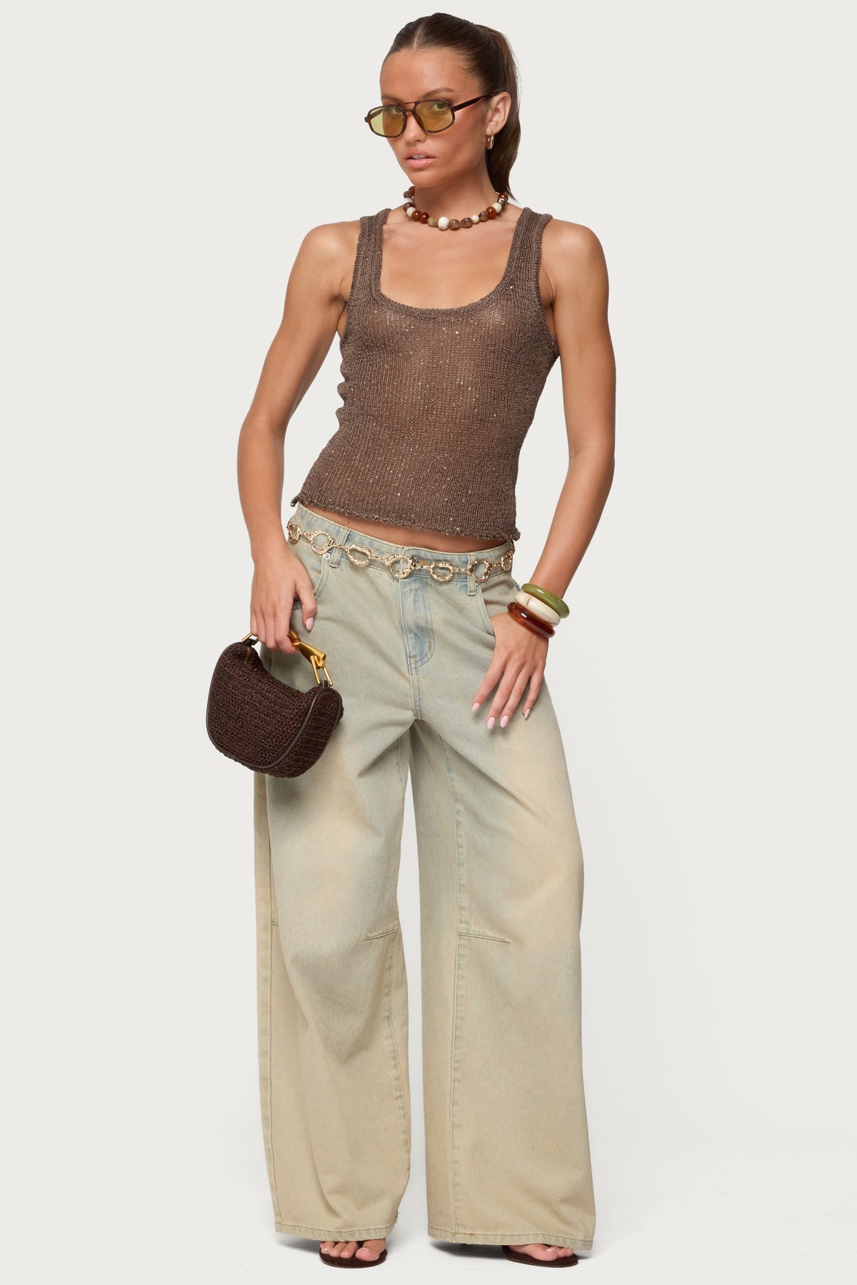 Eleora Sequin Knit Tank Top - BROWN