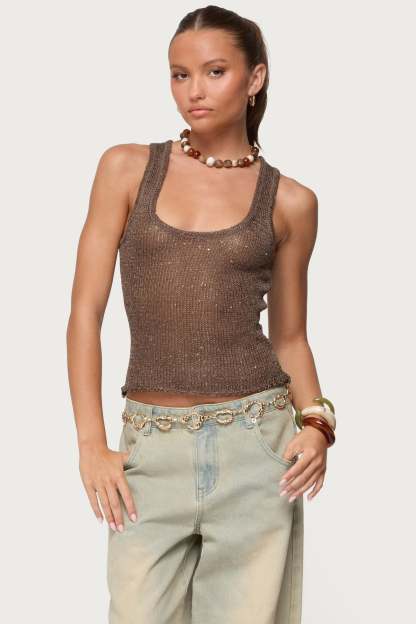 Eleora Sequin Knit Tank Top - BROWN