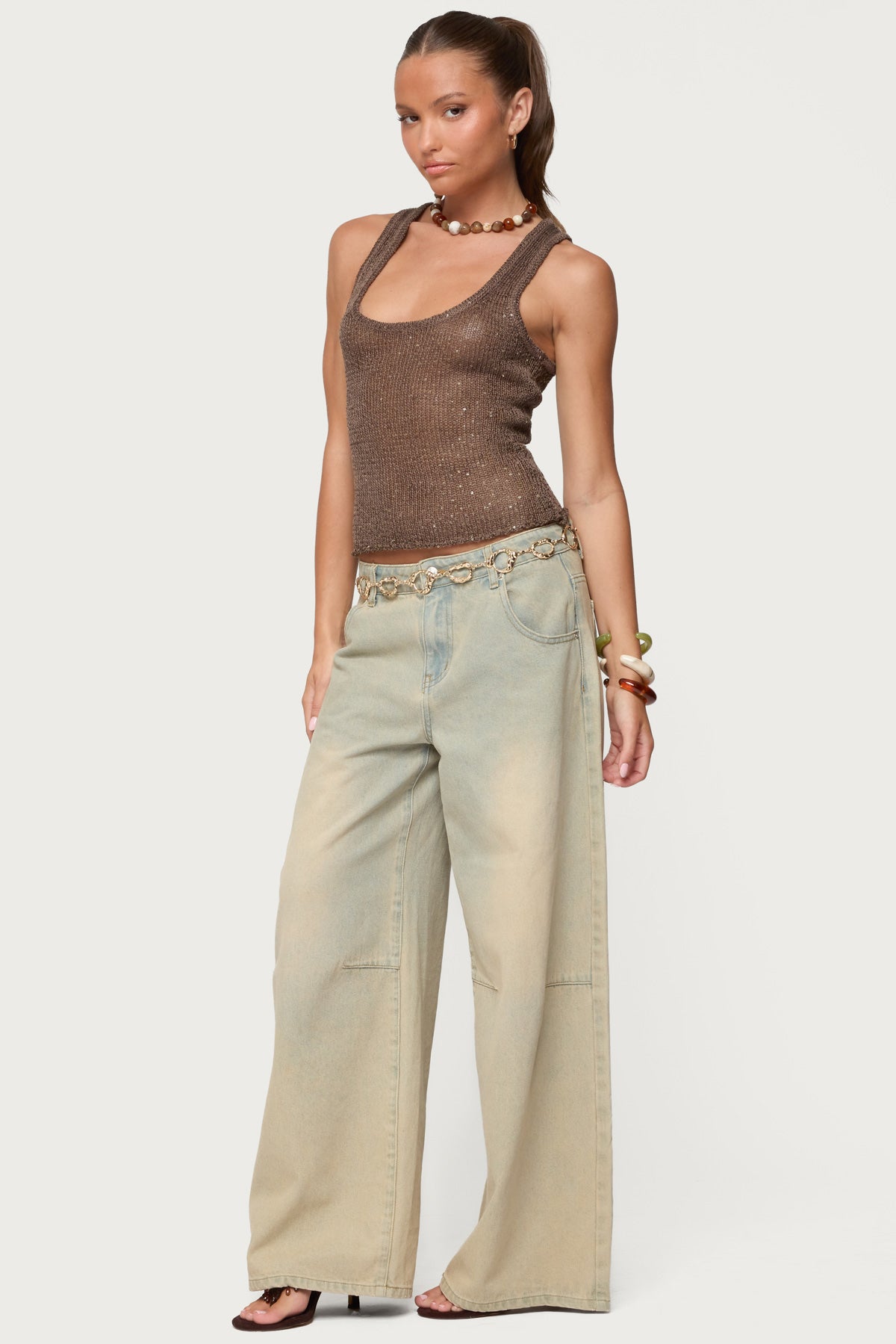 Eleora Sequin Knit Tank Top - BROWN