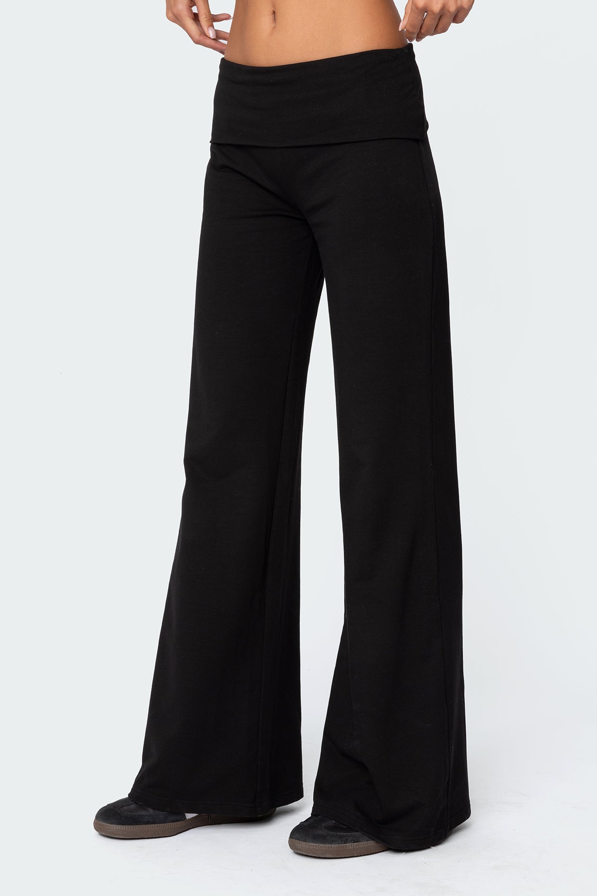 Wide Leg Foldover Pants - BLACK