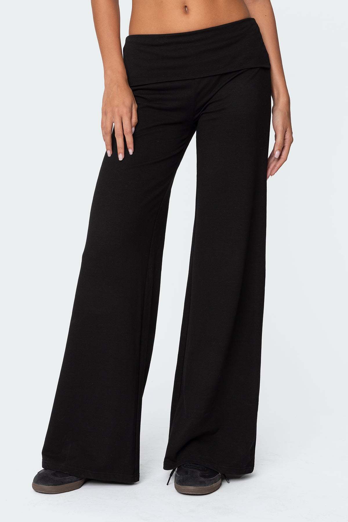 Wide Leg Foldover Pants - BLACK