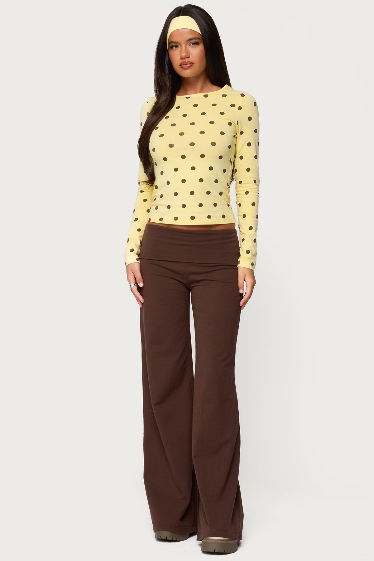 Wide Leg Foldover Pants - BROWN