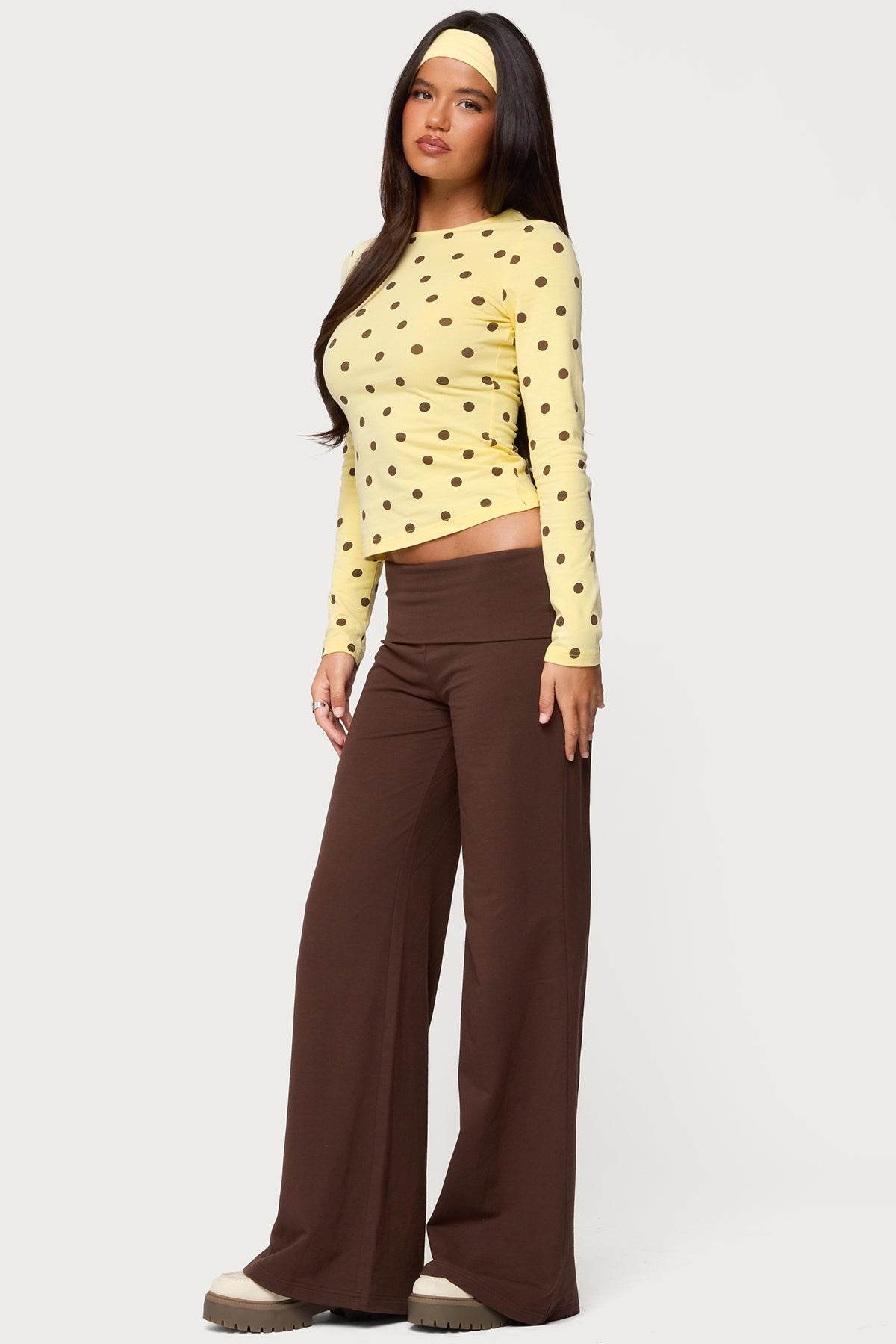 Wide Leg Foldover Pants - BROWN