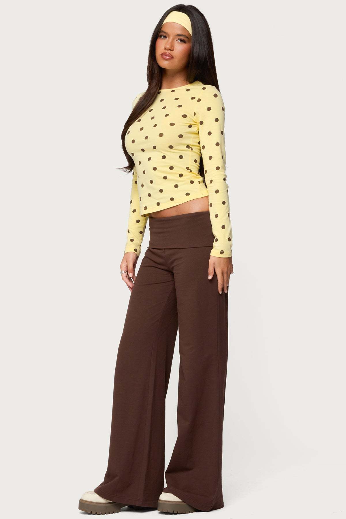 Wide Leg Foldover Pants - BROWN