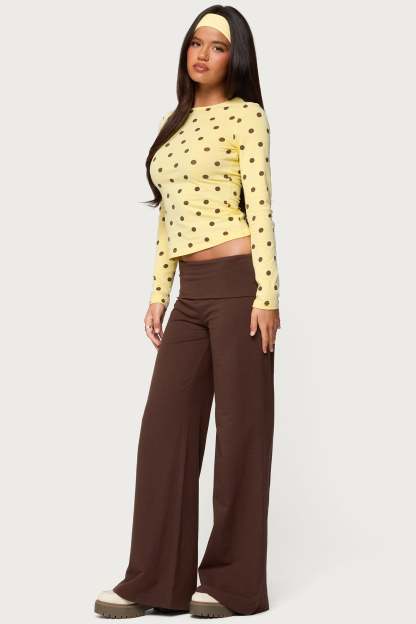 Wide Leg Foldover Pants - BROWN