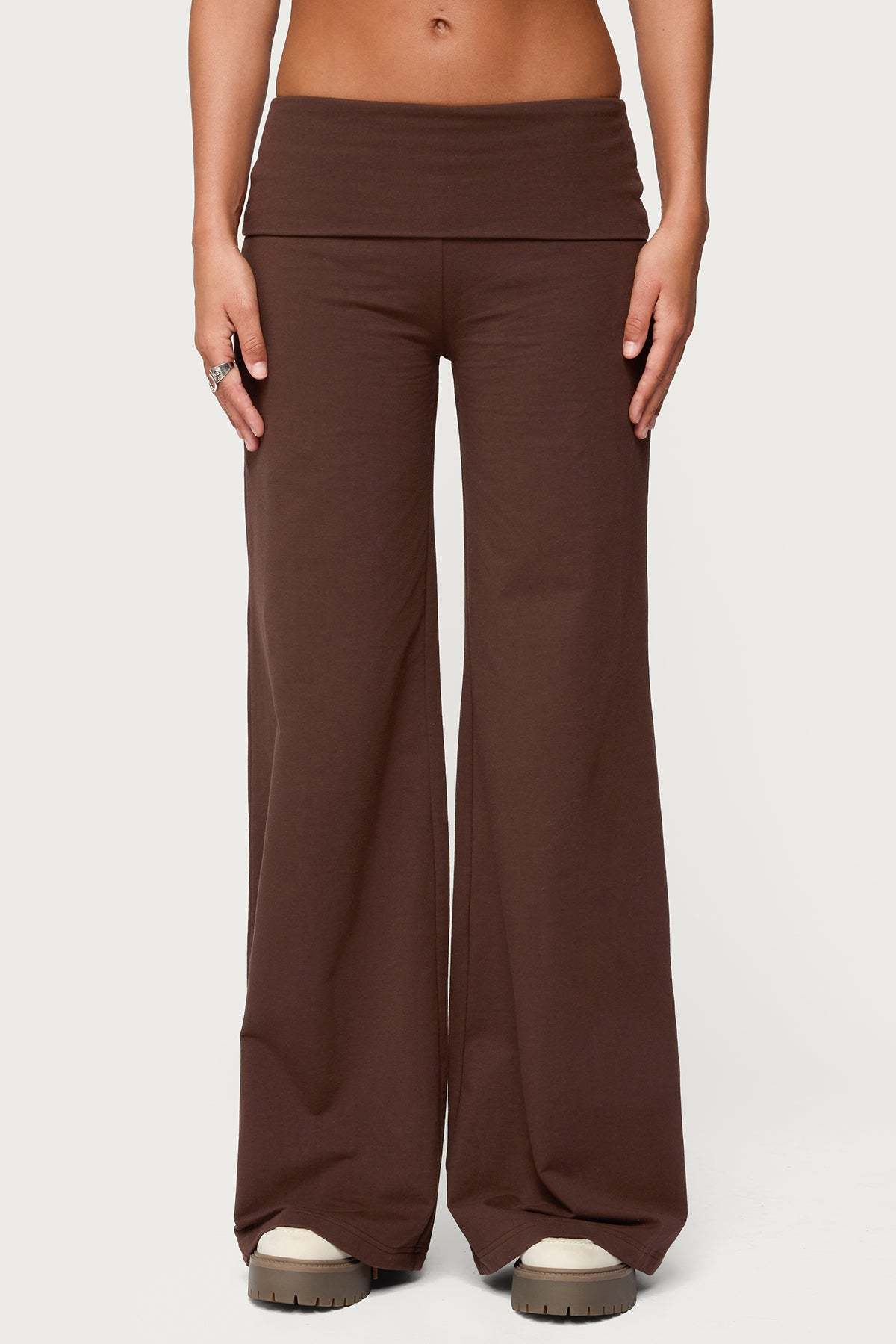 Wide Leg Foldover Pants - BROWN