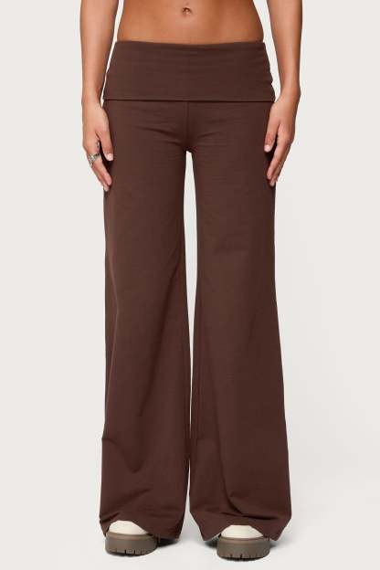 Wide Leg Foldover Pants - BROWN