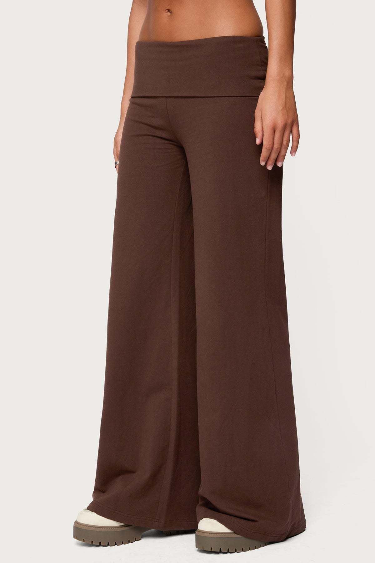 Wide Leg Foldover Pants - BROWN