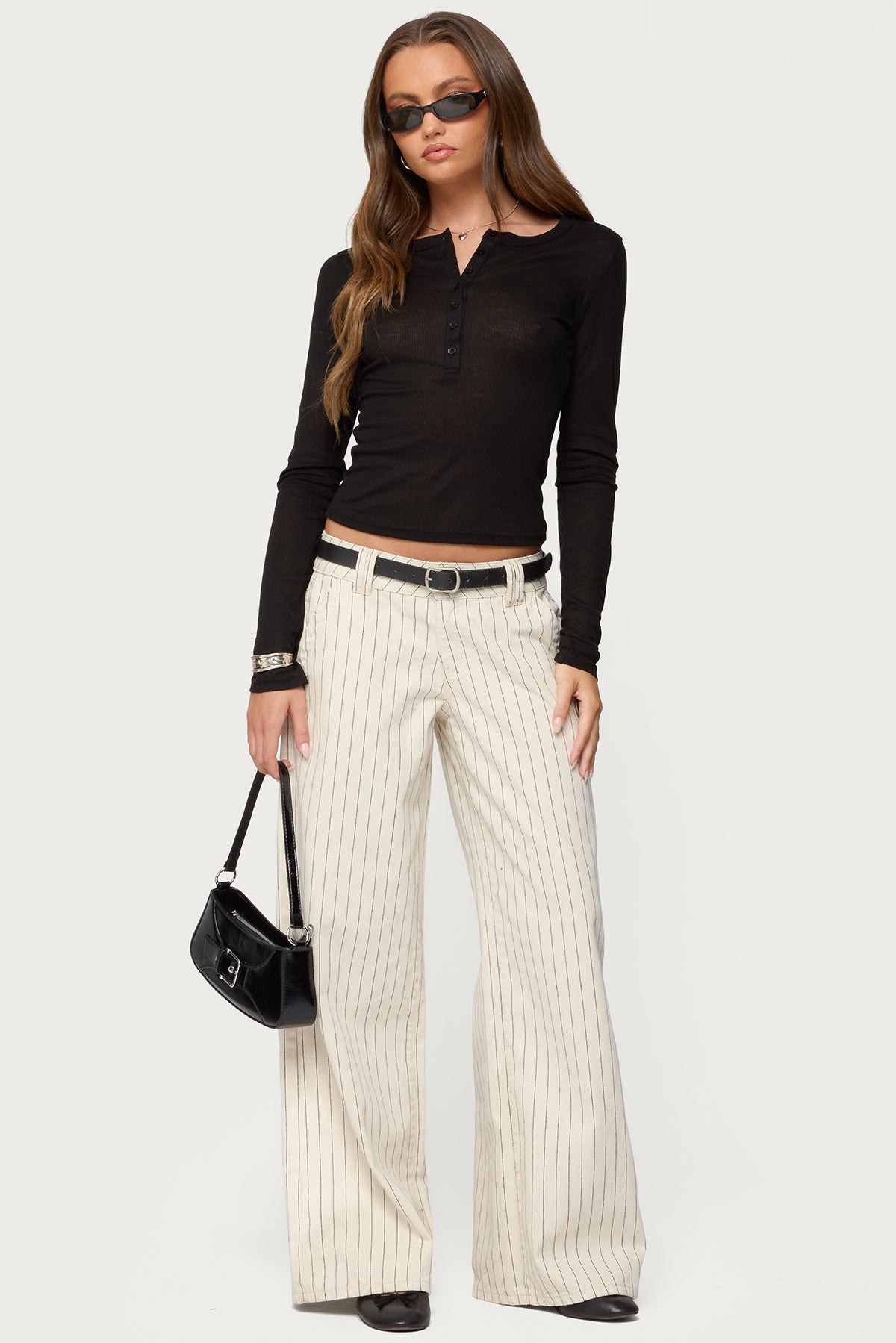 Cory Striped Low Rise Baggy Jeans - CREAM