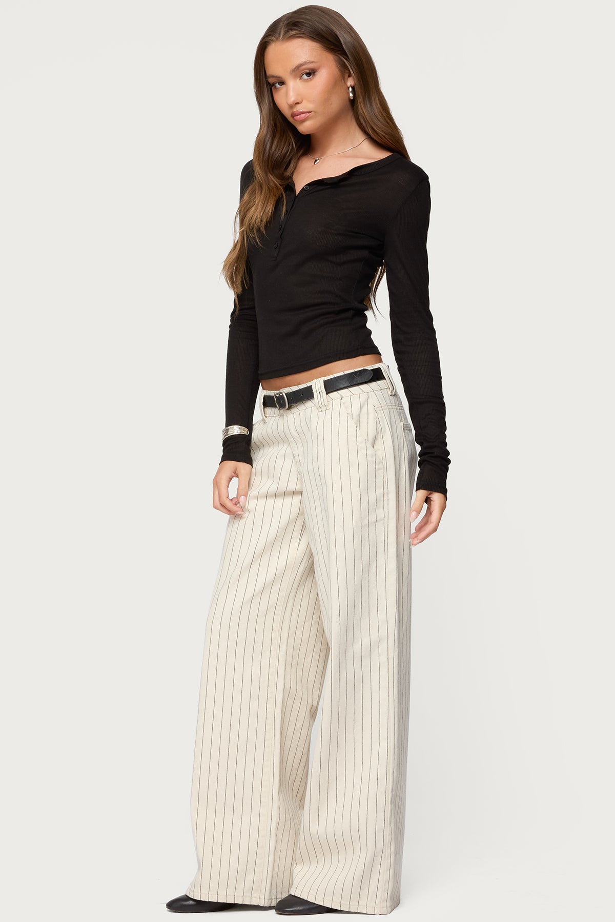 Cory Striped Low Rise Baggy Jeans - CREAM